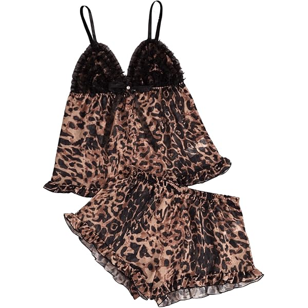 Milumia Women's 2 Piece Leopard Print Pajama Set Lace Mesh Cami